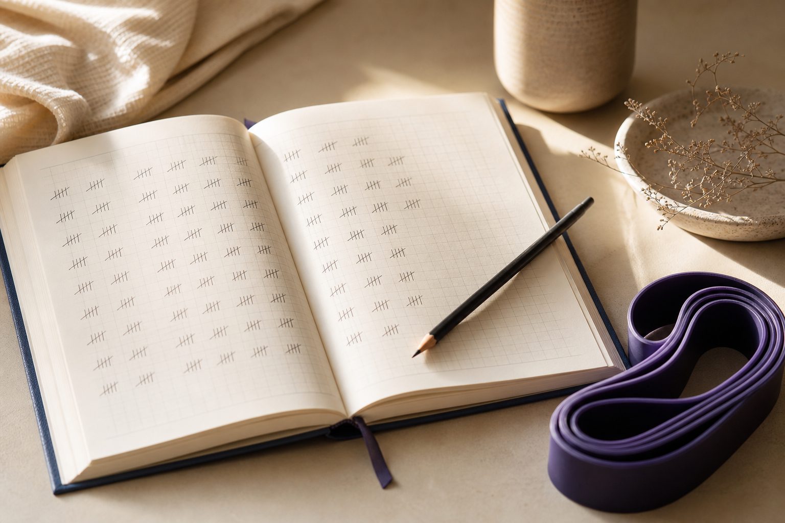 Aufgeschlagenes Trainingstagebuch mit handschriftlichen Strichlisten und Bleistift